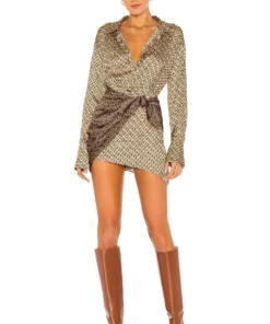 L'Academie The Kamille Mini Dress In Tan & Brown Chain