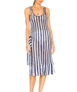 L'Academie Ardal Crochet Midi Dress In Navy & Ivory