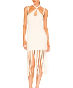 L'Academie Darick Fringe Midi Dress In Ivory