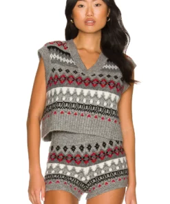 L'Academie Aven Fair Isle Vest In Grey & Red