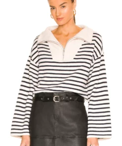 L'Academie Laila Striped Half Zip Sweater In Ivory & Navy