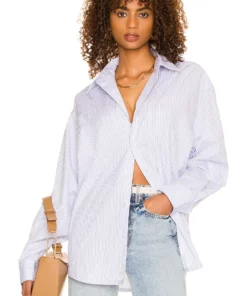 L'Academie Bastien Button Down Top In Blue & White Stripe